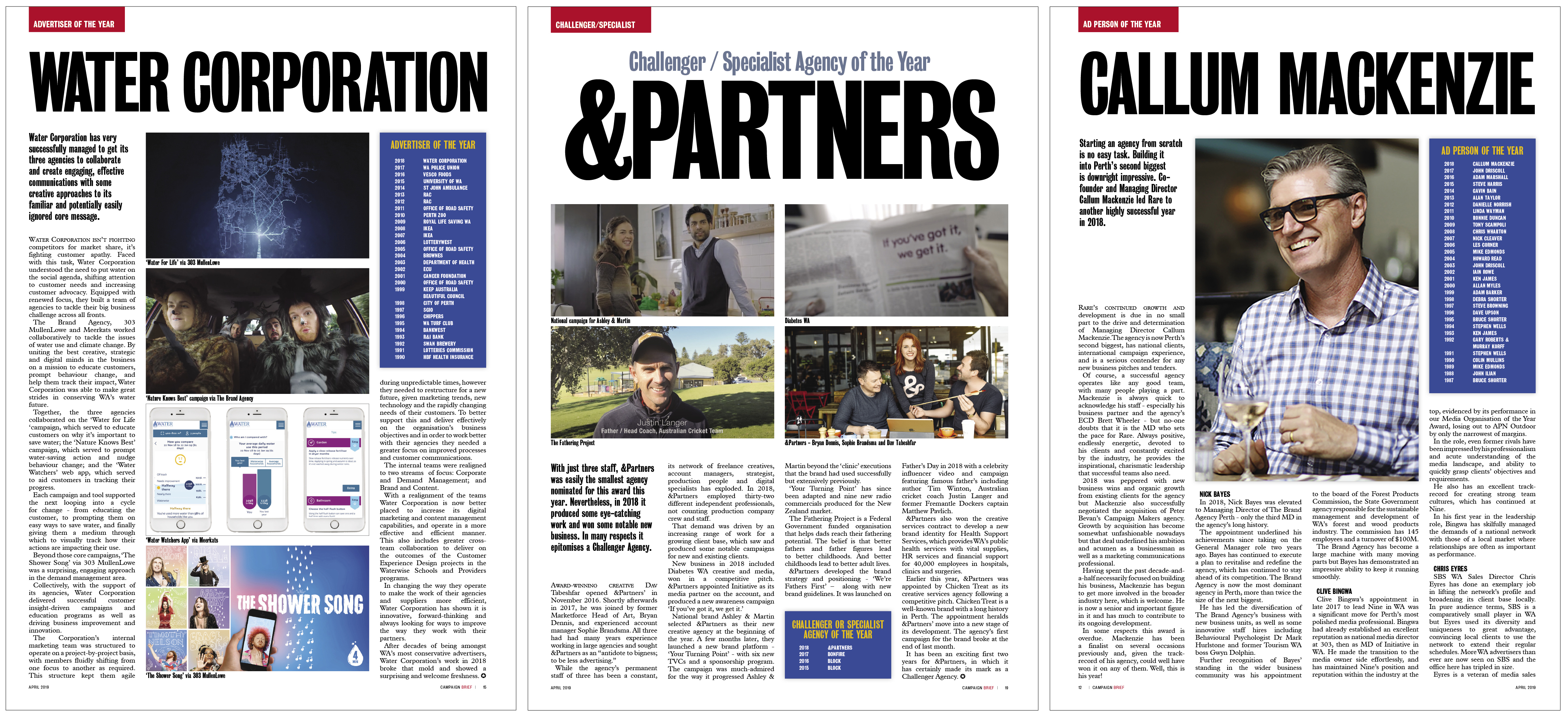 2019 CAMPAIGN BRIEF AWARDS: THE BRAND AGENCY MAKES IT THREE IN A ROW AS AGENCY OF THE YEAR; WATER CORPORATION NAMED ADVERTISER OF THE YEAR; RARE’S CALLUM MACKENZIE AD PERSON OF THE YEAR