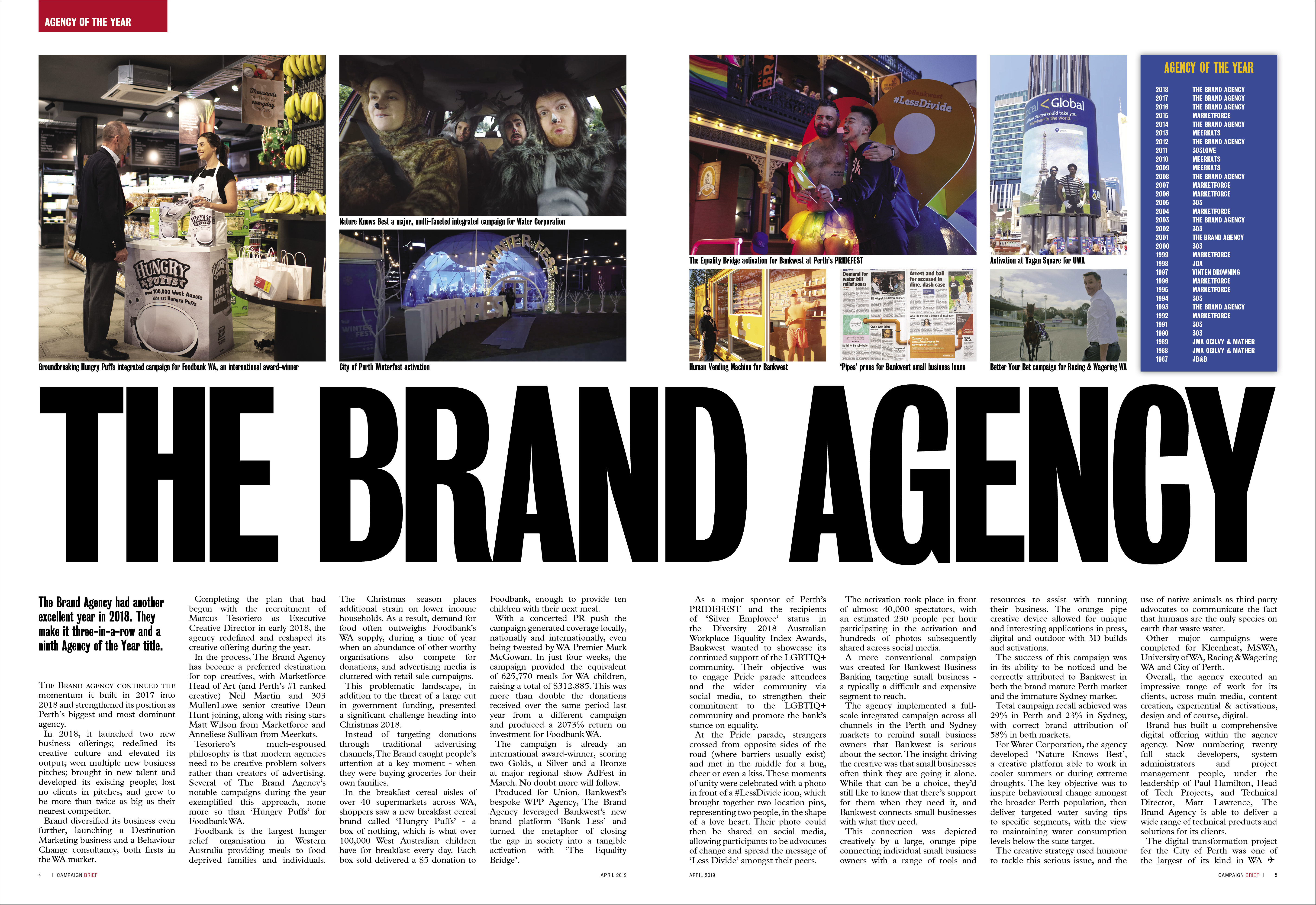 2019 CAMPAIGN BRIEF AWARDS: THE BRAND AGENCY MAKES IT THREE IN A ROW AS AGENCY OF THE YEAR; WATER CORPORATION NAMED ADVERTISER OF THE YEAR; RARE’S CALLUM MACKENZIE AD PERSON OF THE YEAR