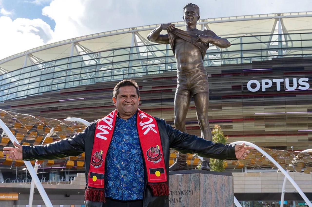 Historic Nicky Winmar sculpture unveiled at Optus Stadium via Alex Wadelton + Aaron Tyler