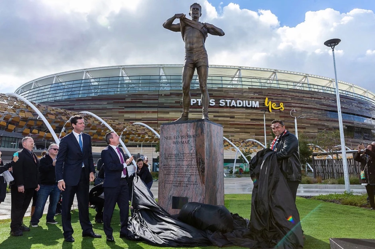 Historic Nicky Winmar sculpture unveiled at Optus Stadium via Alex Wadelton + Aaron Tyler