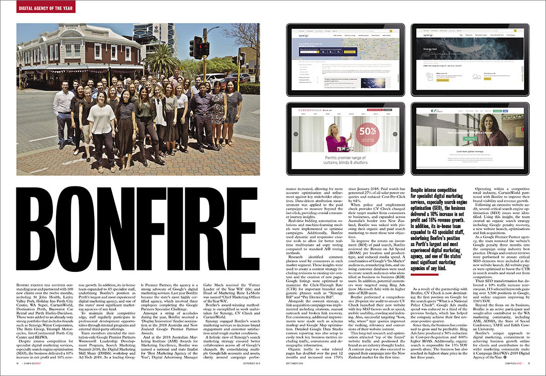 Search specialists Bonfire named 2019 Campaign Brief WA Digital Agency of the Year