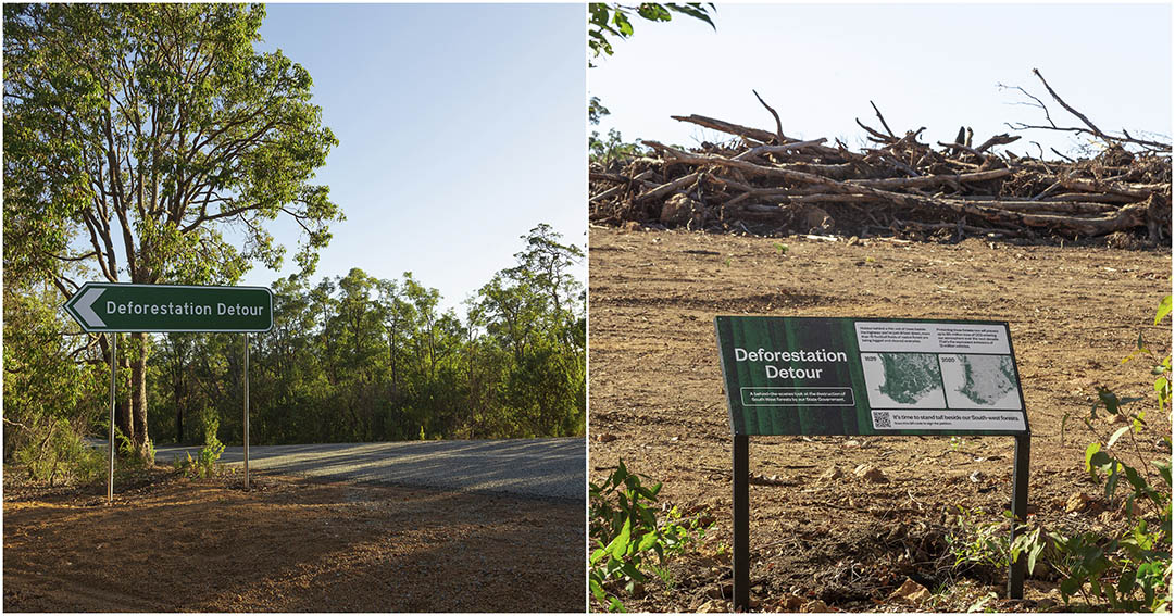 Perth born collective Heavy Duty and West Australian Forest Alliance create signs to highlight hidden deforestation in WA
