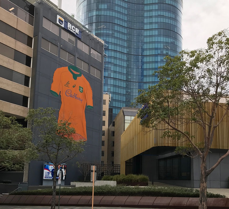 Giant Wallabies jersey installed at Nine Perth building ahead of the Bledisloe Cup