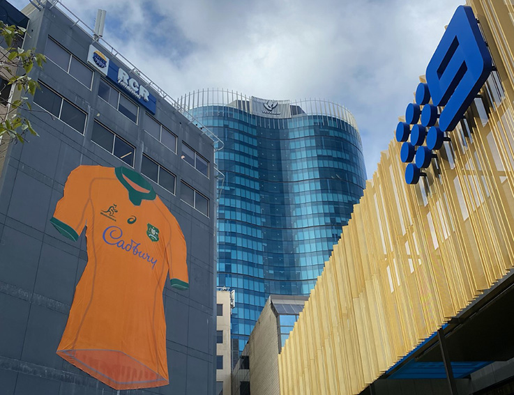 Giant Wallabies jersey installed at Nine Perth building ahead of the Bledisloe Cup