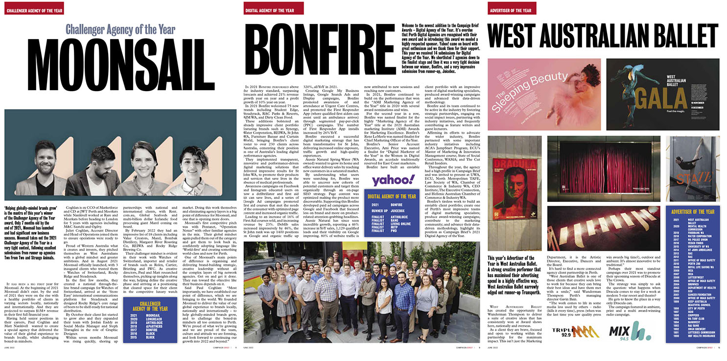 The Brand Agency takes out Agency of the Year and Bonfire is Digital Agency of the Year at 2022 Campaign Brief Awards; West Australian Ballet named Advertiser of the Year and Ad Person of the Year is Wunderman Thompson’s Mel Wiese