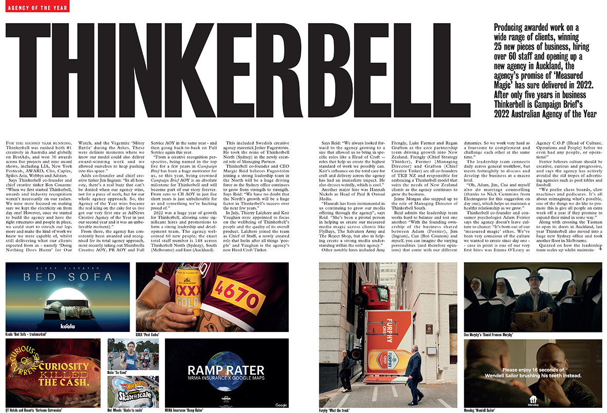 The agency’s promise of ‘Measured Magic’ has sure delivered in 2022. Why Thinkerbell is Campaign Brief Australian Agency of the Year
