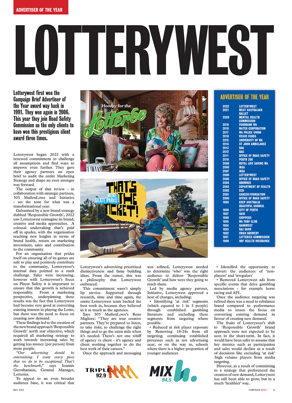 Lotterywest crowned Campaign Brief Advertiser of the Year + Bronte Macpherson from Forrest Chase named Marketing Executive of the Year