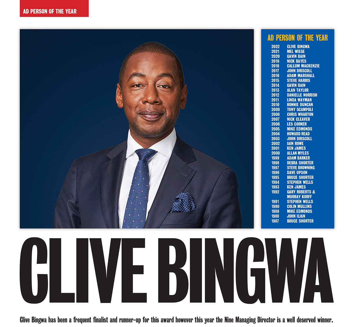 Clive Bingwa takes out the Campaign Brief WA’s Ad Person of The Year award and OMD WA’s Tyson Spensieri named Supernova of the Year