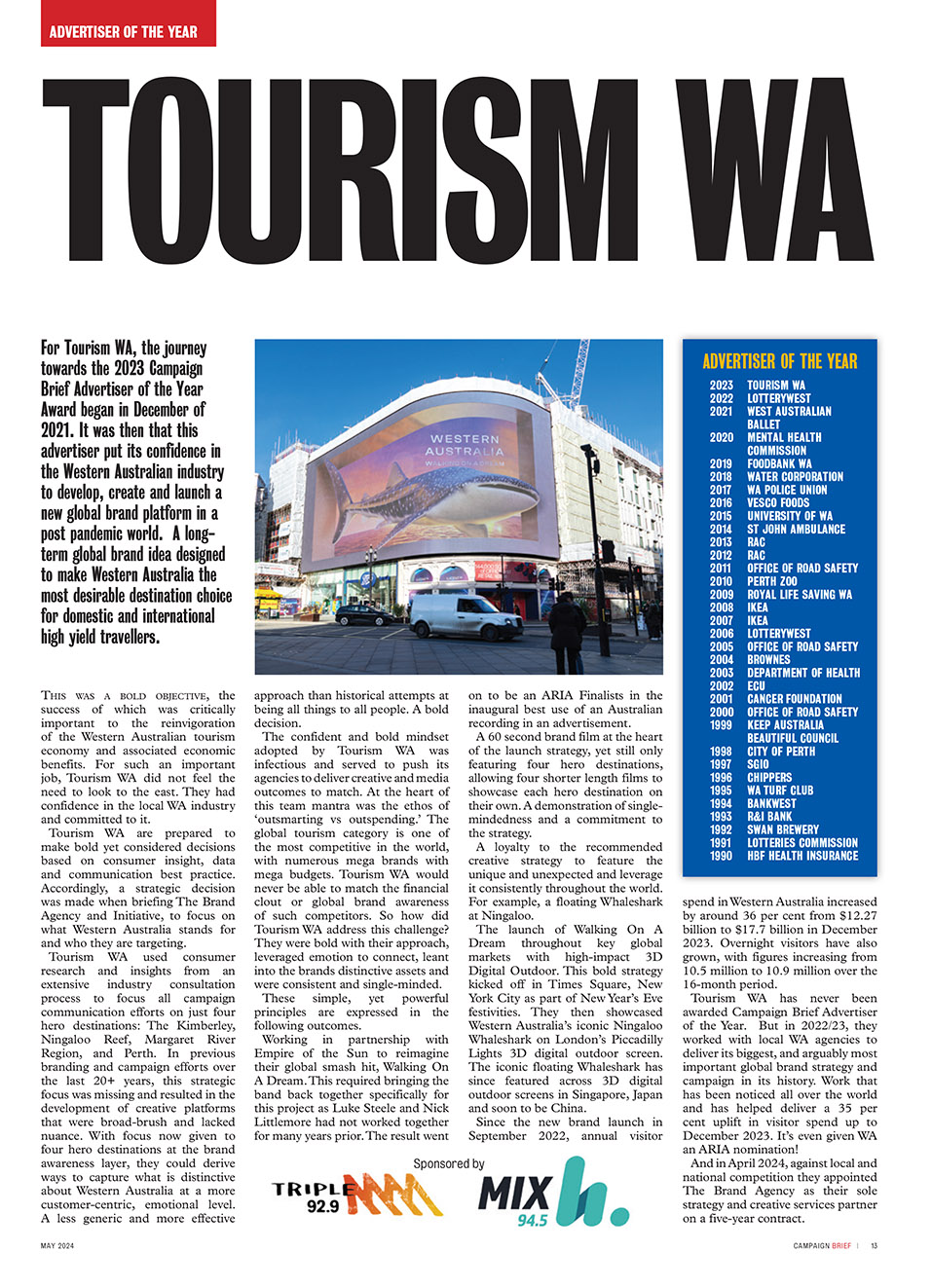 Tourism WA crowned Campaign Brief Advertiser of the Year at the Gala Oasis Ball