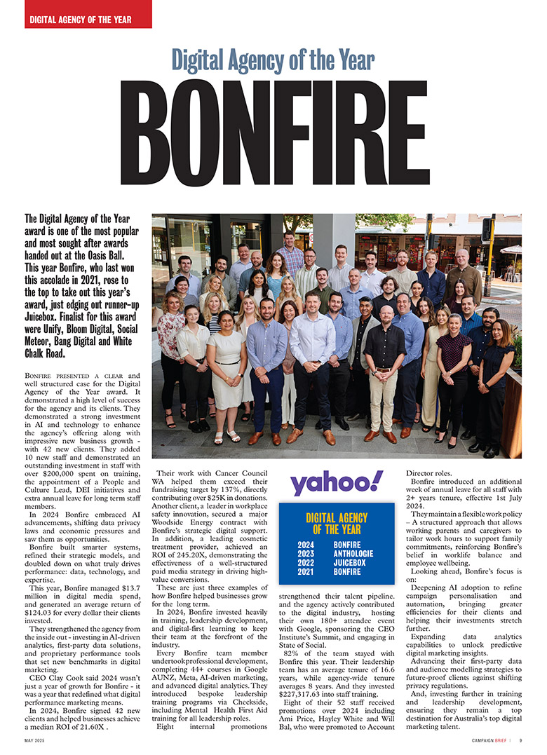 Bonfire takes out the 2025 Campaign Brief WA Digital Agency of the Year award